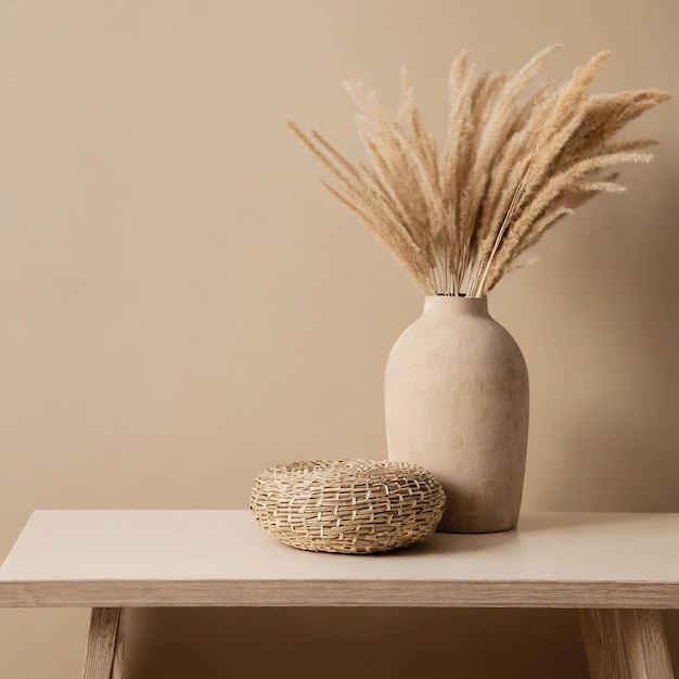 Arrière-plan d'espace de copie beige boho Monochrome table vide minimaliste avec vase Modèle de scène murale produit