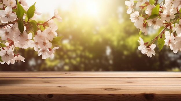 Arrière-plan avec un espace de copie sur une table en bois sous des cerisiers en fleurs