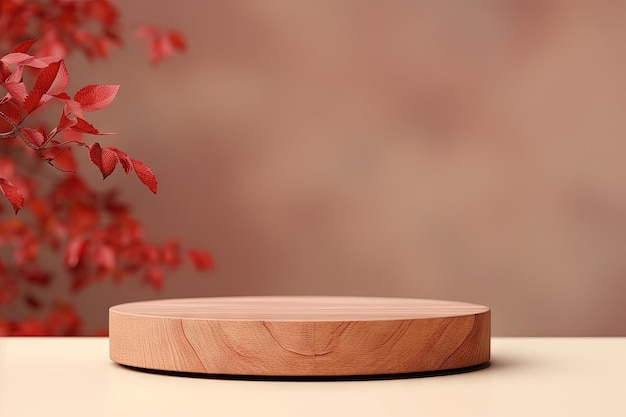 Arrière-plan esthétique minimal avec des feuilles rouges d'automne pour la présentation du produit sur un podium en bois