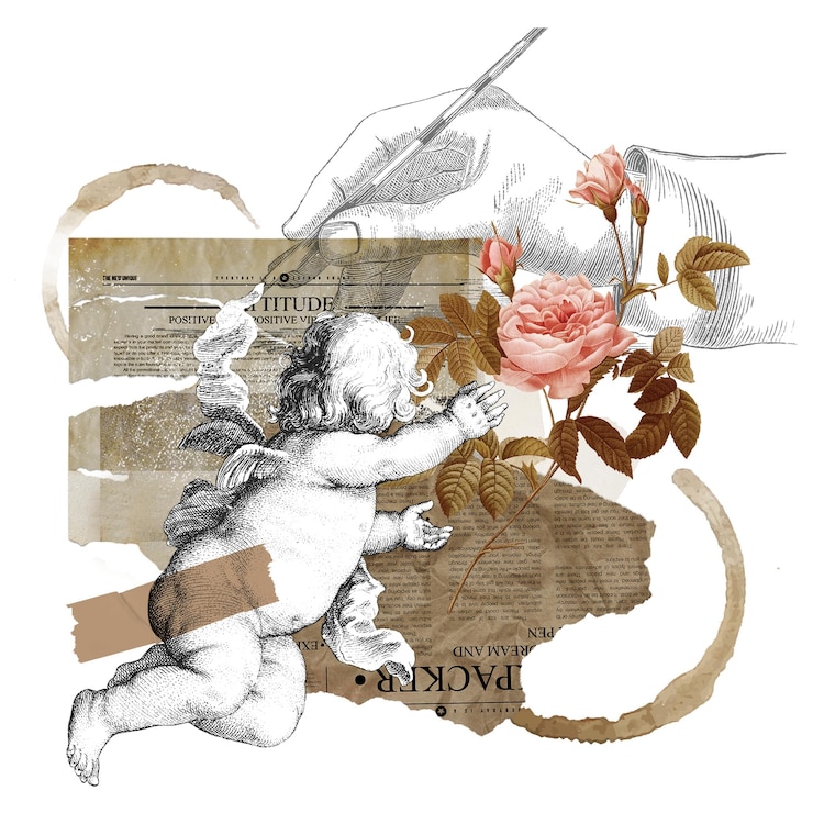 Photo arrière-plan esthétique vintage éphémère png collage multimédia mixte avec chérubin et fleur arrière-plan transparent