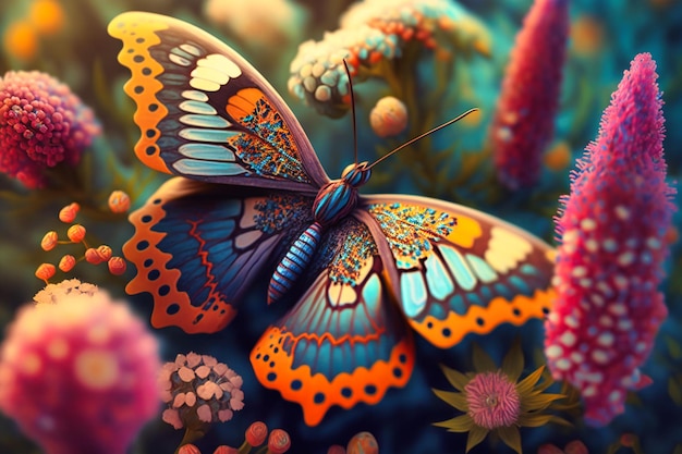L'arrière-plan estival est vivant avec les motifs complexes d'ailes de papillon flottant au milieu de fleurs sauvages en fleurs