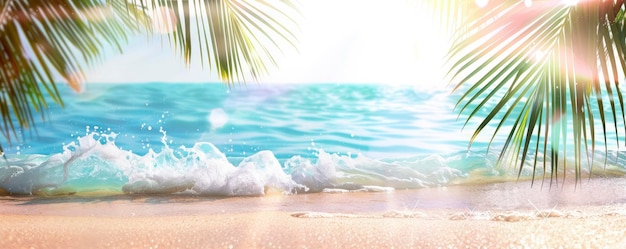 Arrière-plan d'été ensoleillé avec une plage de sable et un rocher d'eau de palmier