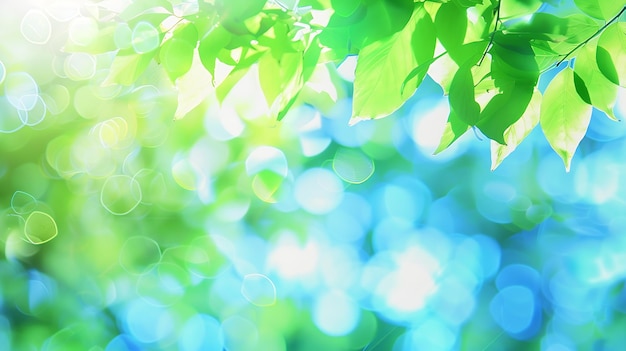 Photo arrière-plan d'été de feuillage bleu et vert flou et de ciel avec un bokeh lumineux blurry generative ai