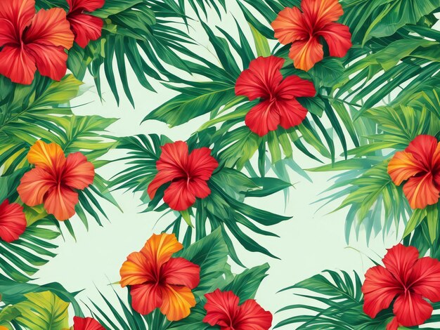 Arrière-plan d'été avec des feuilles tropicales et des fleurs d'hibiscus