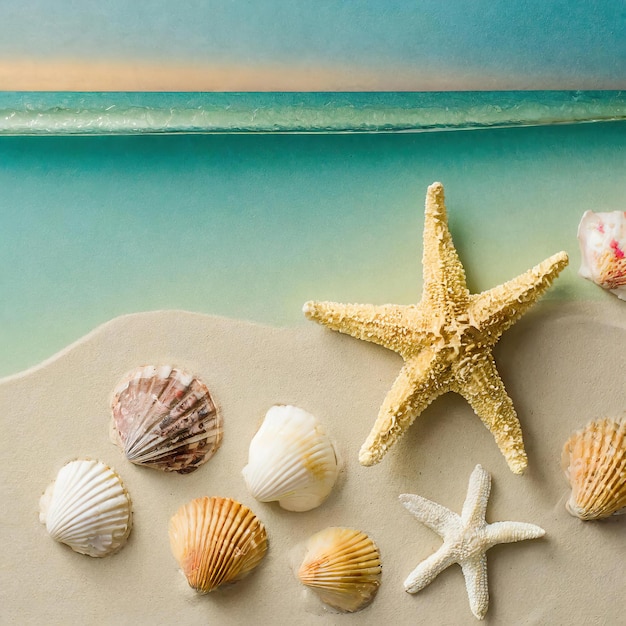Arrière-plan d'été de plage avec des coquillages et des étoiles de mer
