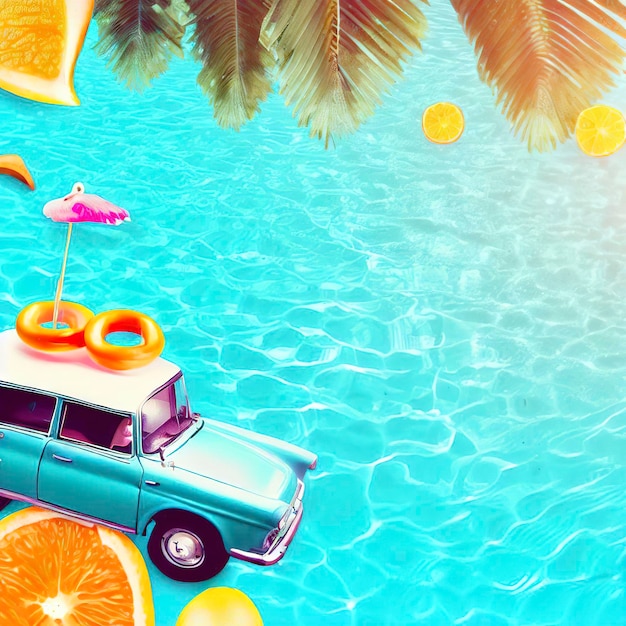 Arrière-plan d'été avec des tranches de fruits d'orange dans l'eau de la piscine Papier peint d'été à l'espace de copie