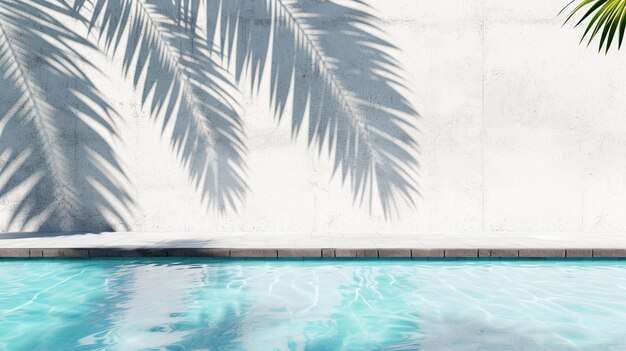 Arrière-plan d'été tropical avec mur de béton, eau de piscine et ombre de feuille de palmier