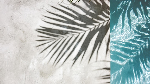 Arrière-plan d'été tropical avec mur de béton, eau de piscine et ombre de feuille de palmier