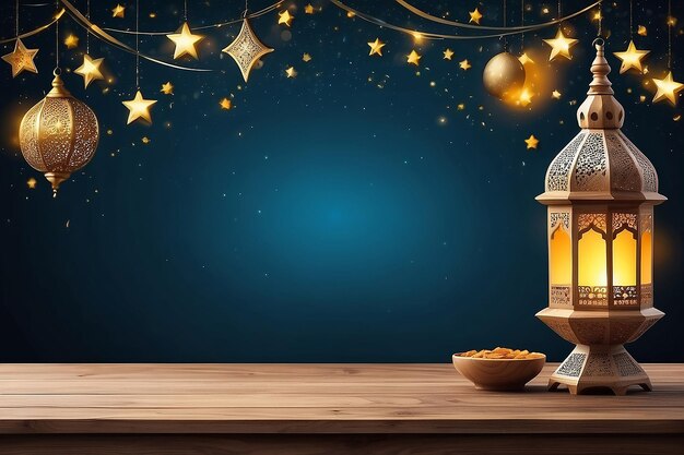 Arrière-plan d'étoiles avec table en bois arrière-plan du Ramadan