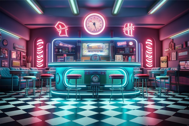 Arrière-plan événement d'été bar club style diner rétro intérieur avec un sol en carreaux éclairage au néon jukebo