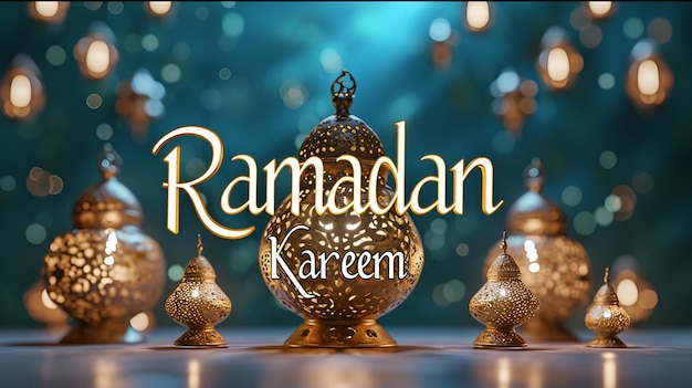 Photo arrière-plan festif bleu avec des lanternes arabes dorées et une salutation du ramadan