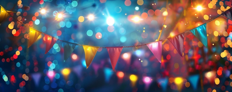 Photo arrière-plan de festival vibrant avec des lumières dynamiques colorées et des décorations texturées