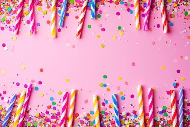 Photo arrière-plan de la fête d'anniversaire avec des confettis colorés et des boucles sur fond rose