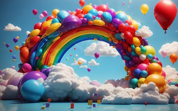 Photo arrière-plan de fête avec des ballons et un arc-en-ciel