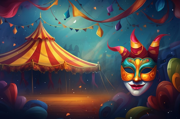 Photo arrière-plan d'une fête de carnaval avec une tente de cirque et un masque de carnaval