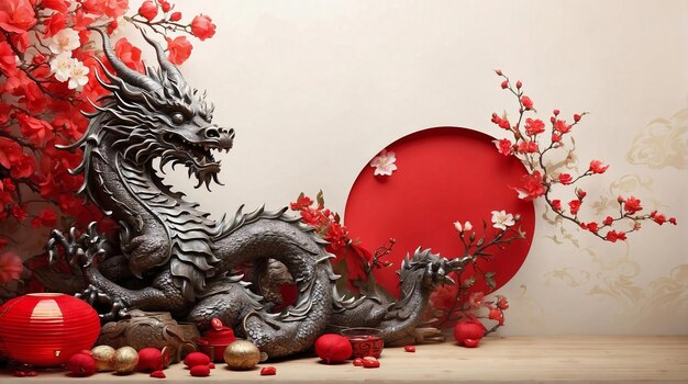 Arrière-plan de fête chinoise avec bannière de toile de dragon Carte postale du Nouvel An chinois