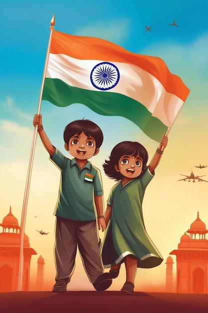 Arrière-plan de la fête de la République indienne Les enfants tiennent le drapeau et la porte de l'Inde
