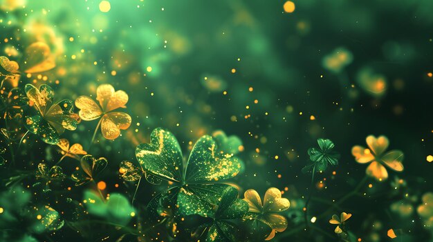 Arrière-plan de la fête de Saint-Patrick avec des feuilles de trèfle et un effet bokeh