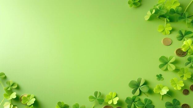 Arrière-plan de la fête de Saint-Patrick avec des feuilles de trèfle et des pièces d'or