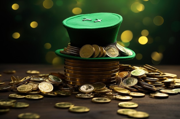 Arrière-plan de la fête de Saint-Patrick avec des pièces de monnaie et des fleurs de chapeau leprechaun