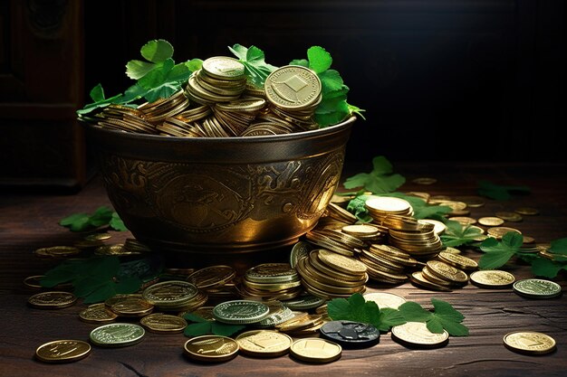 Arrière-plan de la fête de Saint-Patrick avec des pièces de monnaie et des fleurs de chapeau leprechaun