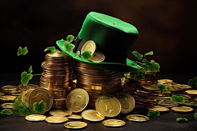 Arrière-plan de la fête de Saint-Patrick avec des pièces de monnaie et des fleurs de chapeau leprechaun
