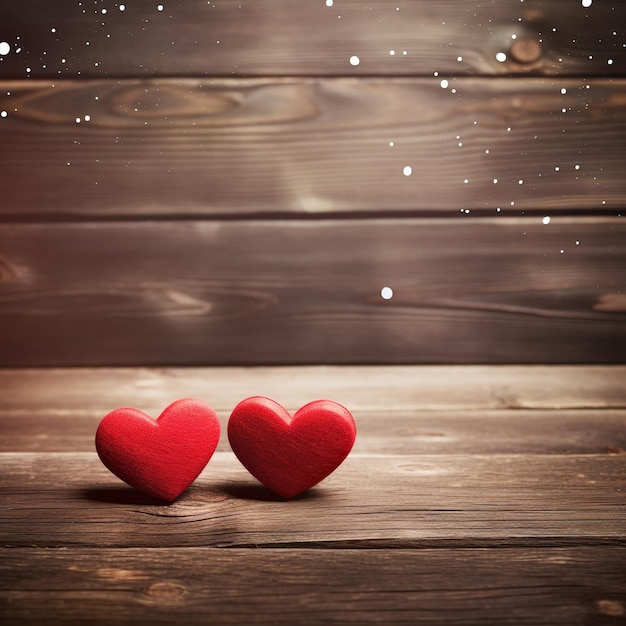 Photo arrière-plan de la fête de la saint-valentin avec deux cœurs rouges sur fond de bois ai générative