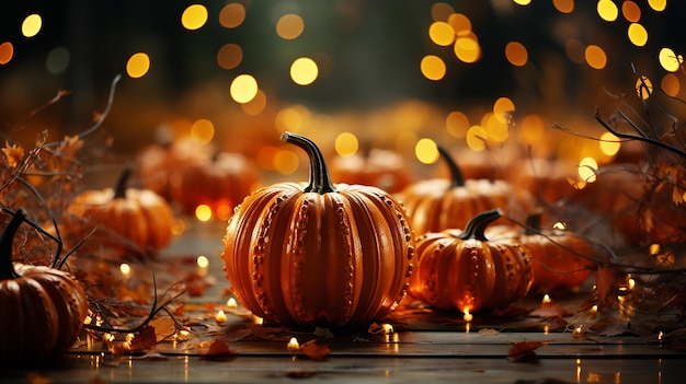 Arrière-plan de la fête de Thanksgiving, citrouille d'automne et décoration lumineuse de vacances