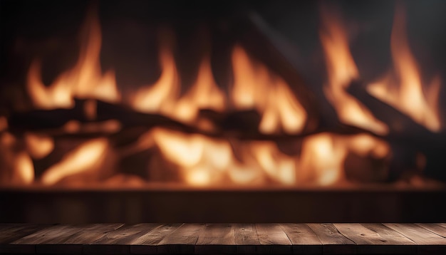 Arrière-plan en feu avec une table en bois noir vide