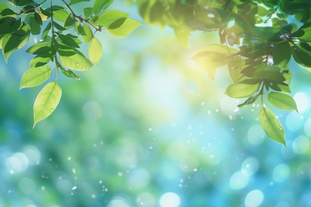 Arrière-plan de feuillage d'été vert et bleu flou avec un bokeh brillant