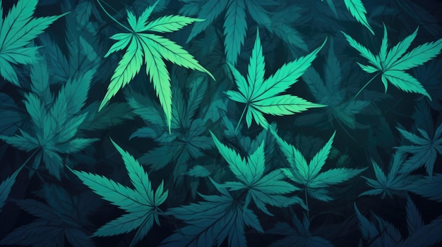 Arrière-plan avec des feuilles de marijuana turquoise