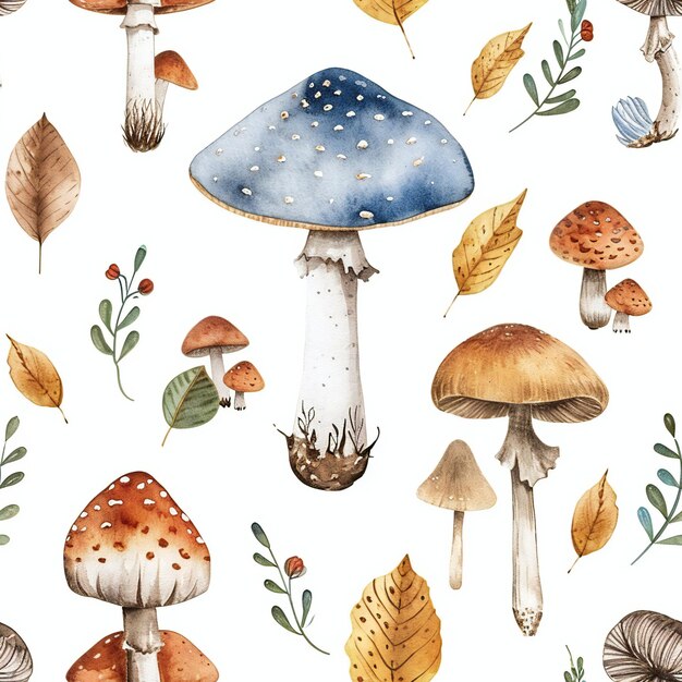 Arrière-plan à feuilles mignon de champignon Motif sans couture sur fond blanc