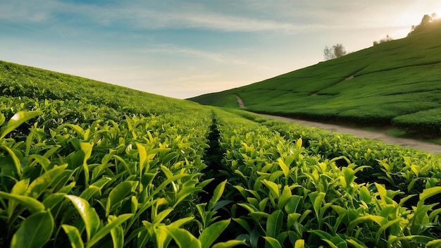 Arrière-plan de feuilles de thé vert dans les plantations de thé