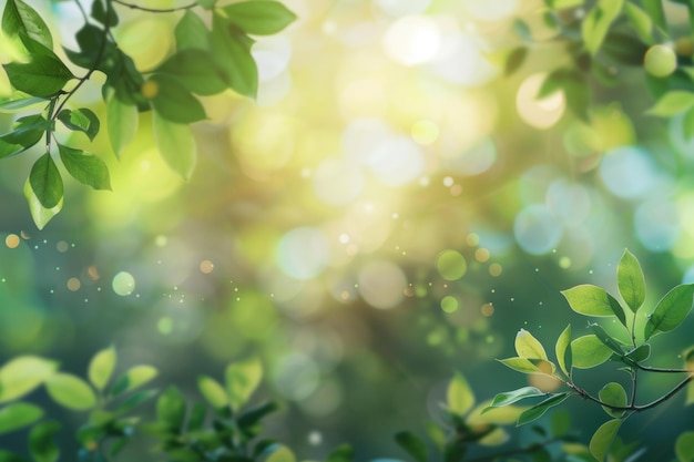 Arrière-plan de feuilles vertes floues avec la lumière du soleil et le bokeh