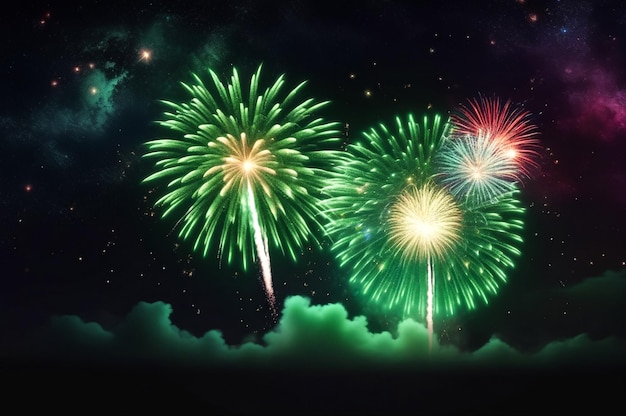 Arrière-plan de feux d'artifice de fête vert avec des étincelles d'étoiles colorées et une nébuleuse brillante sur l'univers noir du ciel nocturne beauté étonnante spectacle de feu d'artifices colorés sur la célébration montrant des arrière-plans de fêtes