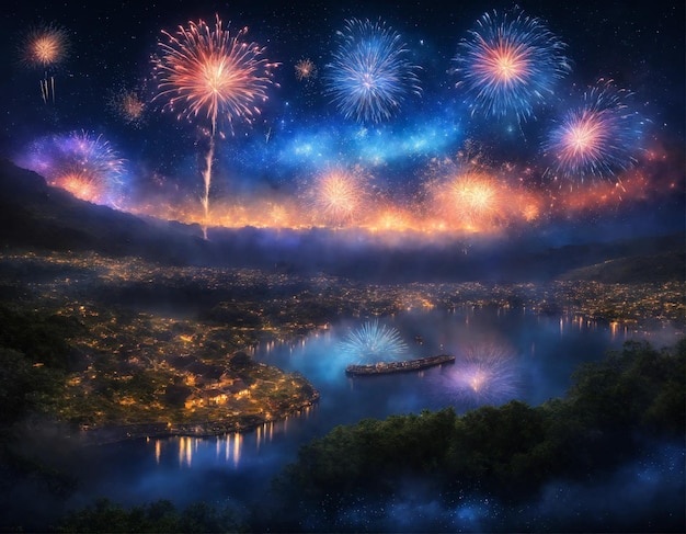 Arrière-plan de feux d'artifice de vacances bleus avec des étincelles d'étoiles colorées et une nébuleuse brillante sur l'univers noir du ciel nocturne beauté étonnante spectacle de feu d'artifices colorés sur la célébration montrant des arrière-plans de vacances