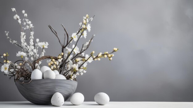 Arrière-plan de fleurs de Pâques avec des œufs de Pêche avec un espace de copie