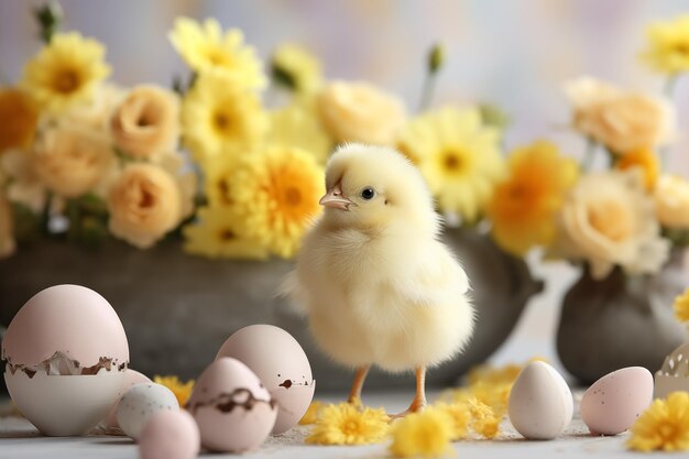 Arrière-plan des fleurs de printemps Arrière-fond de Pâques heureux avec du poulet Arrière-plans des fleurs du printemps Pâques heureuse