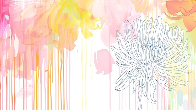 Photo arrière-plan floral abstrait avec des couleurs pastel douces fleurs de chrysanthème délicates en contour bleu sur un fond aquarelle