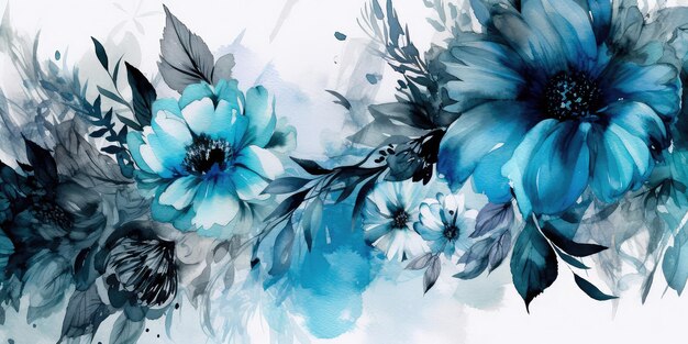 Arrière-plan floral à l'aquarelle avec des détails intricats et rêveux jouant avec des teintes pastel et des plantes noires et bleues mystérieuses IA générative