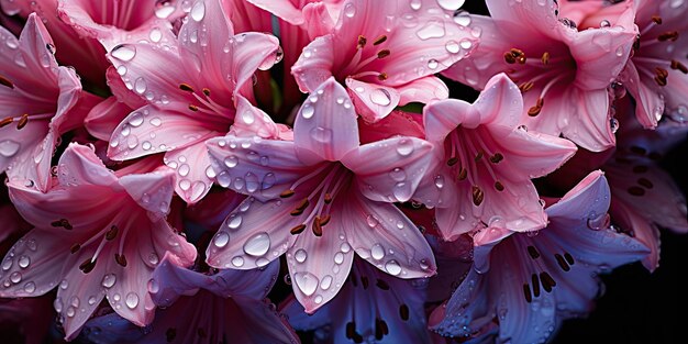 Arrière-plan floral du pays des merveilles pluvieux avec des gouttes d'eau