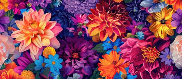 Arrière-plan floral avec un joli collage de fleurs vibrantes dans un design festif coloré