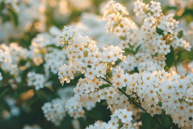 Arrière-plan floral naturel avec des fleurs blanches de branches de spiraea en fleurs dans le jardin en plein air