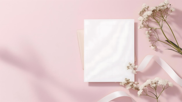 Arrière-plan floral rose élégant avec papier blanc et concept de ruban