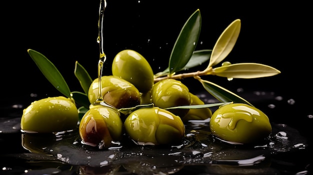 Photo arrière-plan flottant d'olives et d'huile d'olive