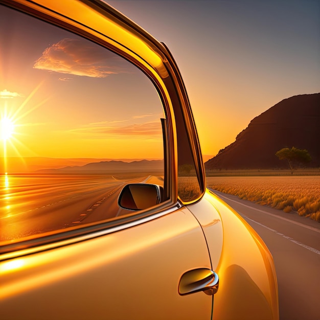 Arrière-plan flou abstrait du soleil du matin avec vue sur la lumière du soleil dorée depuis la fenêtre de la voiture