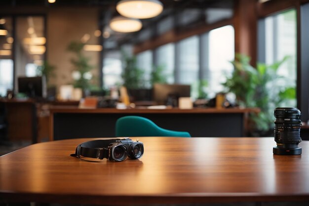 Arrière-plan flou de bureau avec façade de table en bois