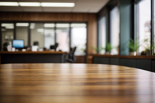 Arrière-plan flou de bureau avec façade de table en bois