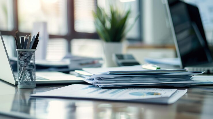 Photo arrière-plan flou d'un bureau professionnel occupé avec des papiers, un ordinateur portable et des fournitures de bureau