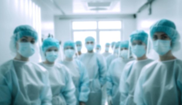 Arrière-plan flou avec chirurgien de l'équipe au travail médecins et infirmières marchant dans le couloir de l'hôpital